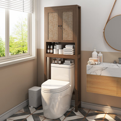 Rattan Over The Toilet Storage Cabinet, Above Toilet Bathroom Organizer With Adjustable Shelf, Behind Toilet Cabinet, Space Saver For Restroom, Bathroom, Laundry, Caramel Oak