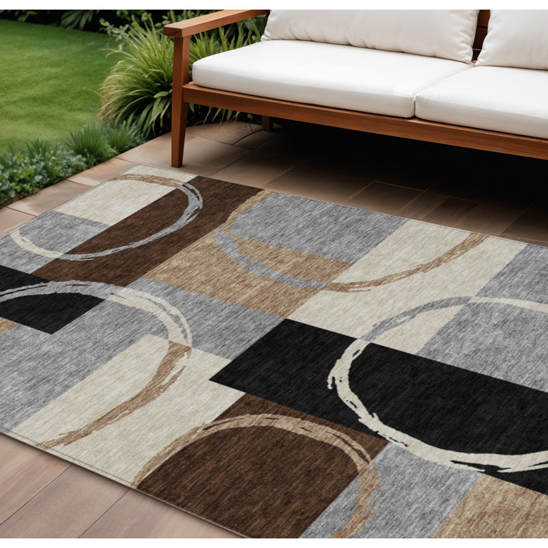 Tapis intérieur / extérieur géométrique lavable 9 pi x 12 pi gris et noir étain