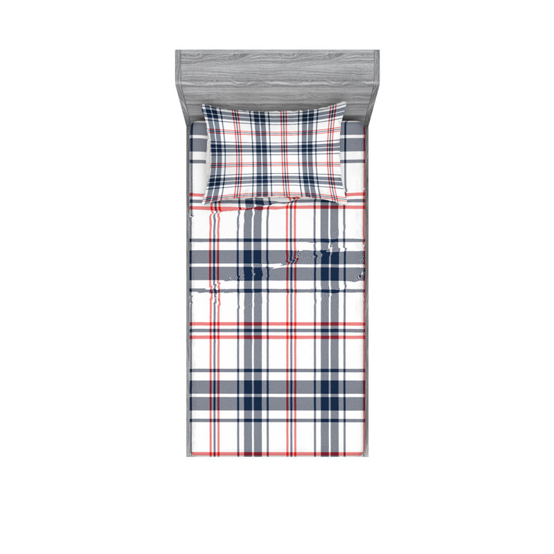Twin White and Blue Plaid Microfiber Sheet Set