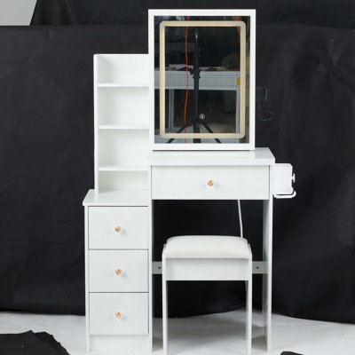 29.2" Small Size Left Bedside Cabinet Vanity Table   Cushioned Stool, 2 AC 2 USB Power Station, Hair Dryer Bracket, Extra Large Touch Control Sliding LED Mirror, Tri-Color Switching, Brightness Adjust