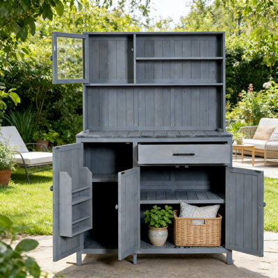 65” H Fir Wood Potting Bench With Hutch, Large Outdoor Garden Workstation With Adjustable Shelves, Spice Rack, Side Hooks & Drawer For Patio Kitchen