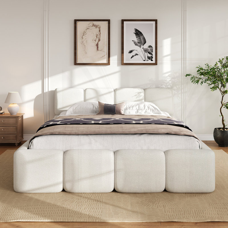 Boucle Thick Headboard Platform Bed, Queen