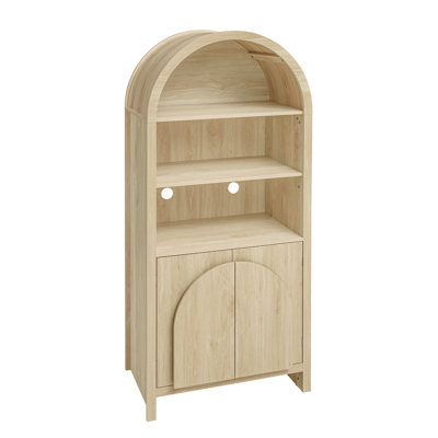 Arched Kitchen Storage Unit, Adjustable Shelving, Natural Wood Finish, Fan - Shaped Handle, Wall Anchoring For , Cable Management Openings, Floor Protecting Foot Pads Modern Pantry, Elements, Look,