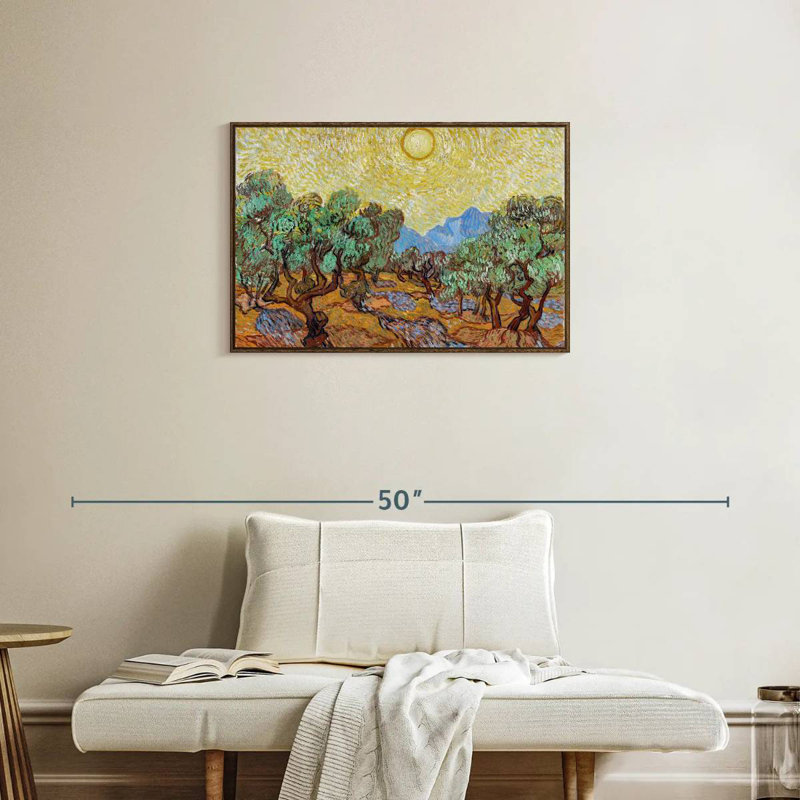 Oliviers avec ciel jaune et soleil, Cadre flottant en noyer, 31 po x 21 po