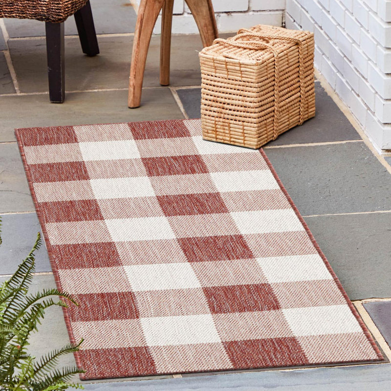 Tatasha Gingham Power Loom Polypropylene Plastic Indoor/Outdoor Area Rug in White/Red, Runner 2' x 8'