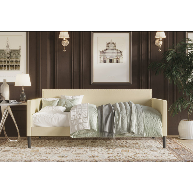 Beige Upholstered Twin Daybed with Nailhead Trim