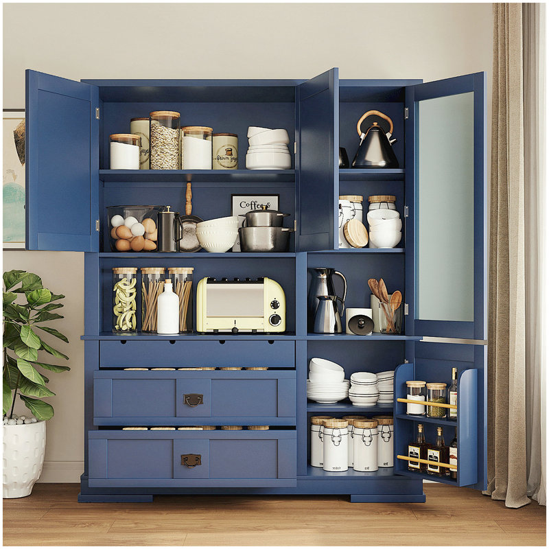 Buffet de cuisine traditionnel autoportant avec huche, grande armoire de rangement, tablettes réglables et tiroirs, bleu