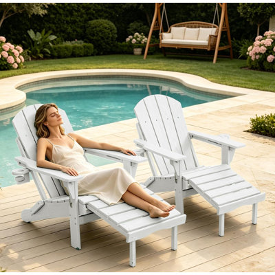 Foldable Reclining Adirondack Chairs with Ottomans, Set of 2 Adjustable HDPE Outdoor Lounge Chairs with Cup Holders