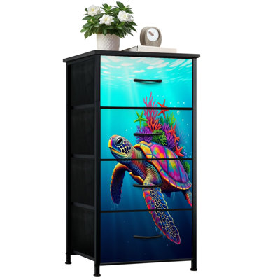 Dresser for Bedroom with 4 Storage Drawers Colorful Sea Turtle Swimming Coastal Coral Starfish Underwater Dressers Chest of Drawers Steel Framed Fabric Closet Organizers for Dorm Entryway