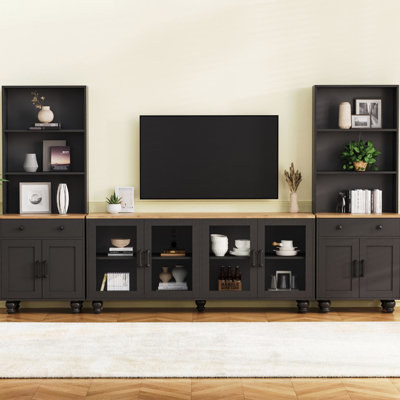 Tv Stand With Gourd-Shaped Legs, 70" Compatible, Entertainment Center Bookshelves, Tempered Glass Doors, Adjustable Shelves, White Finish Solid Wood B
