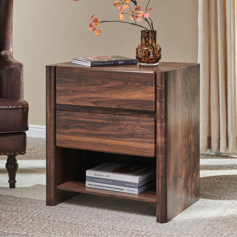 Bolanos 25" Tall Modern End Table with Charging Station, Wood Side Table w/2 Storage Drawers & Open Shelf, Rounded Corner Design for Bedroom 