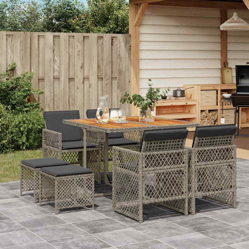 Patio Dining Set with, 9 Pieces: Table, 4 Stools, 4 Chairs, 73cm H x 110cm W x 106cm D, Grey Cushion/Grey Frame
