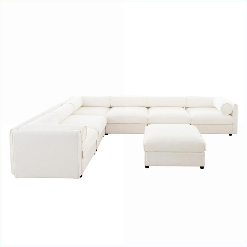 Canapés modulaires | Canapé modulaire 6 places avec rangement, pour le salon | Blanc neige | Chenille, Chenille blanche