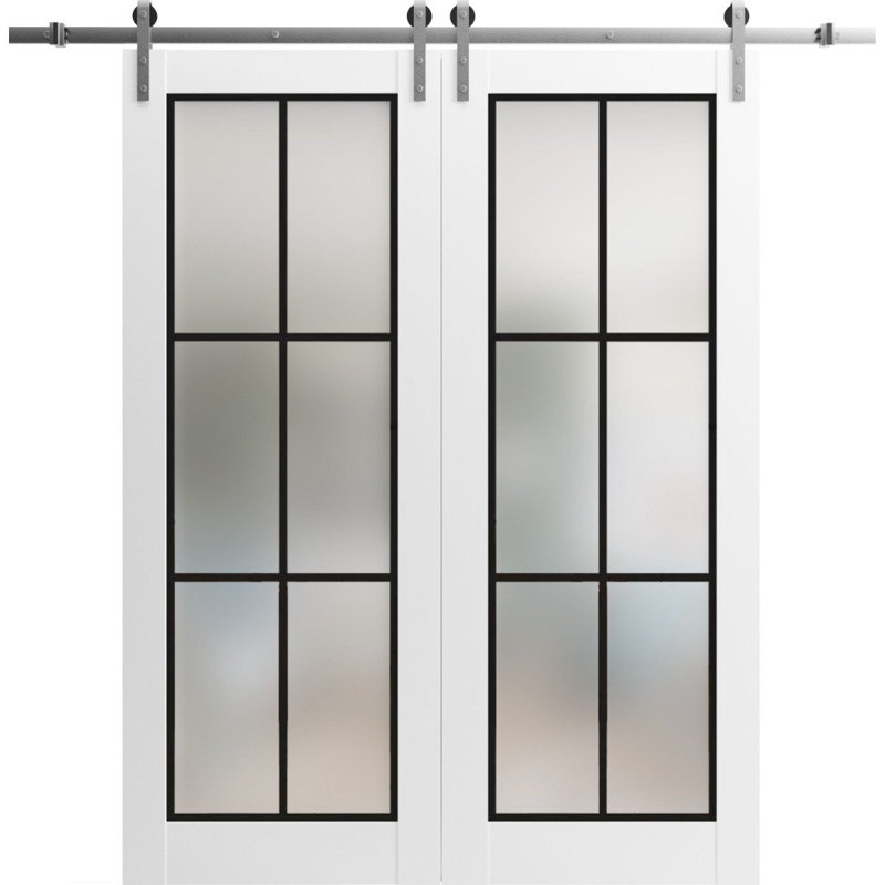 Porte de grange double robuste avec verre givré | Planum 2122 | Ensemble de cintres en métal argentés 13 pi | Portes intérieures modernes à panneau massif - Rail argenté