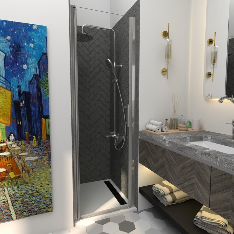 Porte de douche sans cadre KeepTech 24 x 72 po, l 24 à 25,5 po x H 72 po, finition chromée, verre trempé transparent de 1/4 po (6 mm) de style GSC, portes de douche pivotantes à panneau pivotant, installation réversible, certification ANSI, style à 