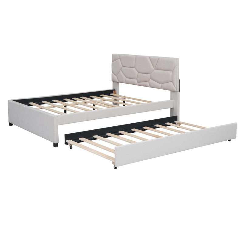 Upholstered Platform Bed With Brick Pattern Headboard And Trundle, Linen Fabric, Beige, Full