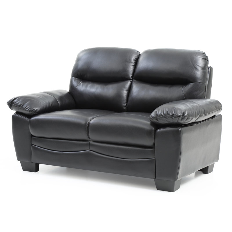 Mouton Faux Leather Pillow Top Arm Loveseat, Black Faux Leather, 35"H x 78"W x 33"D