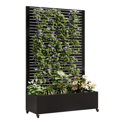 73"x47"x16" Metal Planter Box With Trellis, Raised Garden Bed With Lockable Wheels, Drainage Holes & Privacy Screen, For Climbing Plants, Vegetables & Flowers