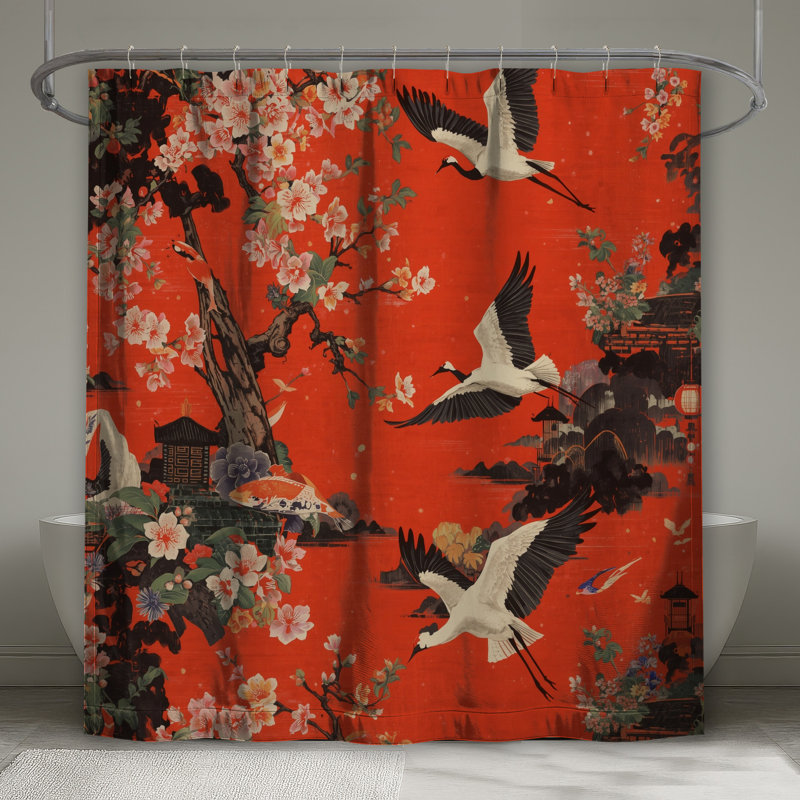 Cranes Cherry Blossoms Shower Curtains Extra Long, 70in W x 72in H