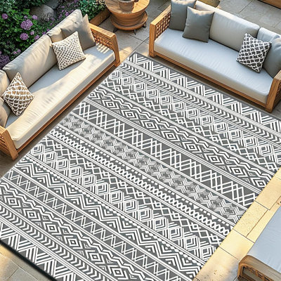 Tapis de camping, tapis de plage, tapis d'extérieur en paille de plastique noir et blanc Boho