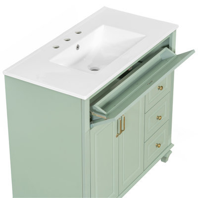 Meuble-lavabo de 91 cm avec lavabo, meuble de salle de bain en bois massif avec tiroir rabattable, 3 tiroirs et 2 portes, design élégant avec poignées en métal doré
