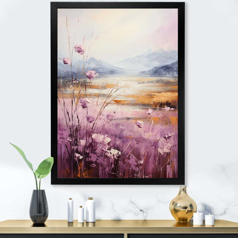 Mauve et doré, lac et montagne VI, H 32 po x l 24 po x P 1 po, Cadre simple noir