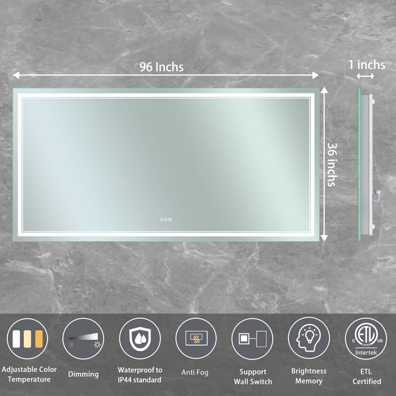 Miroir de salle de bain à DEL à intensité variable avec anti-buée, 36 po x 96 po