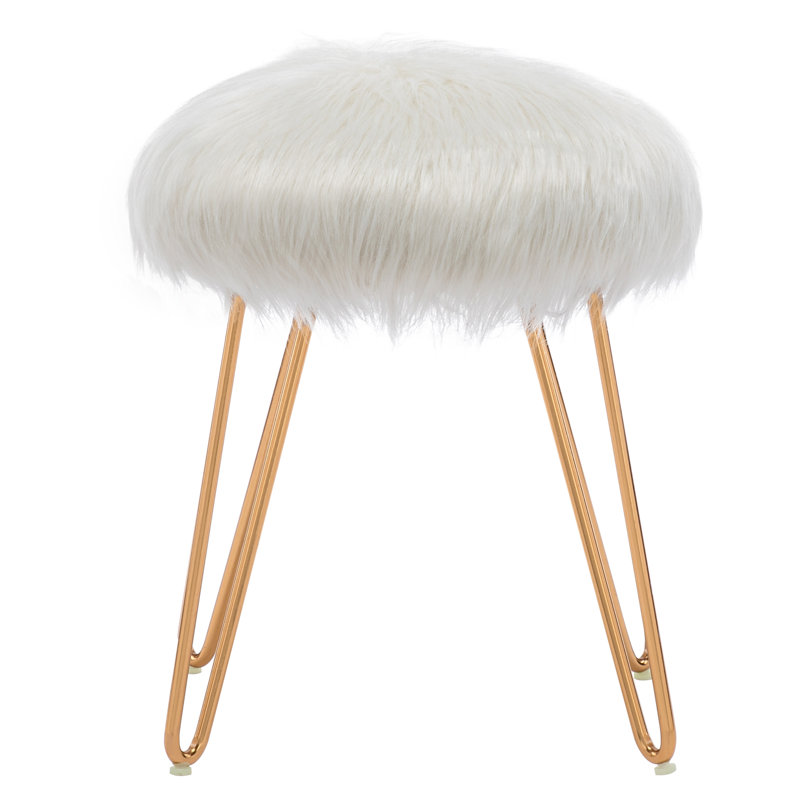 13.5" Wide Round Faux Fur Ottoman with Rose Gold Hairpin Legs for Vanity or Bedroom, White