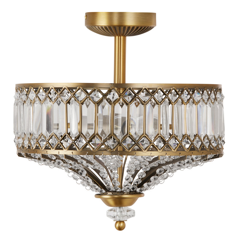 Eyne Laurie 14.75" W 2-Light Dimmable Carved Crystal Semi Flush Mount, Clear/Gold