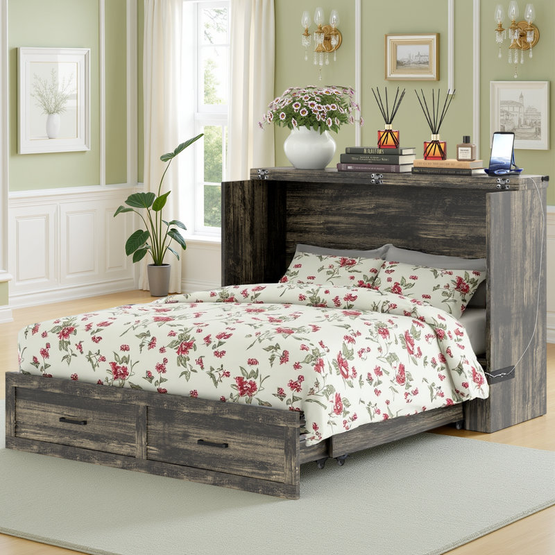 Lit armoire Murphy avec station de charge et tiroir de rangement, Grand lit, Gris