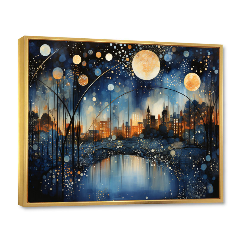«Teal Bridge Urban Reflections Pointillism», reproduction d'art sur toile, H 30 po x l 40 po x P 1,5 po, Cadre flottant doré