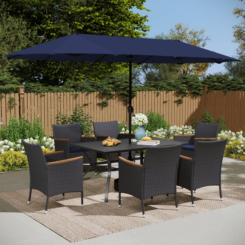 Rectangular Metal 6-People Patio Dining Set With Umbrella, Navy Blue