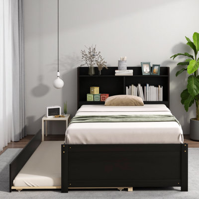 Modern Platform Bed with Storage Headboard & Trundle