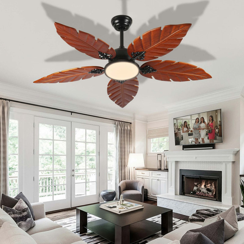 52" Tropical Palm Leaf Ceiling Fan With Light, Indoor Outdoor Reversible, Black Bronze Finish