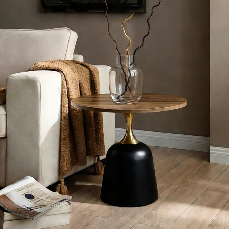 Table d'appoint en noyer de 60 cm (23,6 pouces), piètement en métal, design nordique, multifonctionnelle pour les repas et la lecture au bureau ou dans la chambre. Couleur café, style élégant, idéale pour la maison.