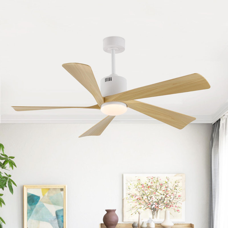 52" 5-Blade Modern LED Ceiling Fan with Light Kit and Remote Control, Natural Wood