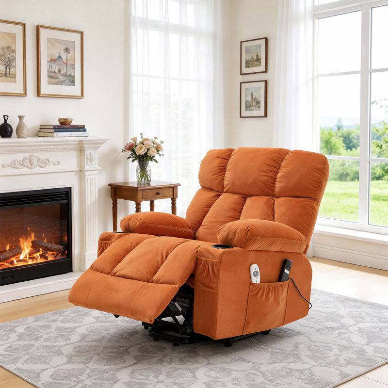 92cm Wide Chenille Wall Recliner Standard Recliner with Massager, Orange