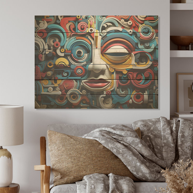 Geometric Mexican Art Mask - Mexican Art Wood Wall Art On Natural Pine Wood, 10" H x 20" W