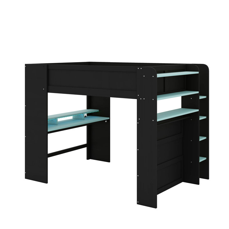 Lit superposé double en bois pleine grandeur avec bureau à hauteur réglable, garde-robe, grand espace de rangement et lumière RVB