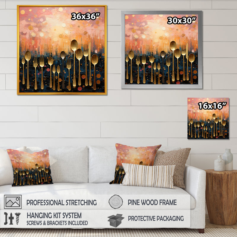 Couvert de cuisine doré sur un lever de soleil rose - art mural de cuisine, H 16 po x l 16 po x P 1 po