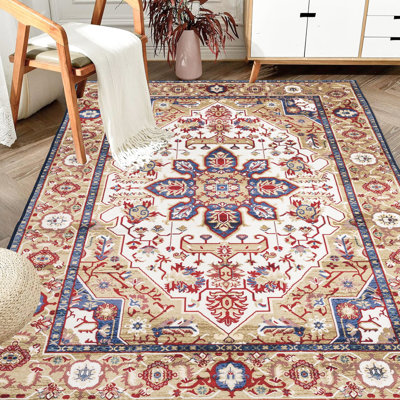 Tapis 6 x 9, rétro, lavable, antidérapant, motif floral bleu / or pour le salon, la chambre à coucher, la chambre antidérapante et la cuisine