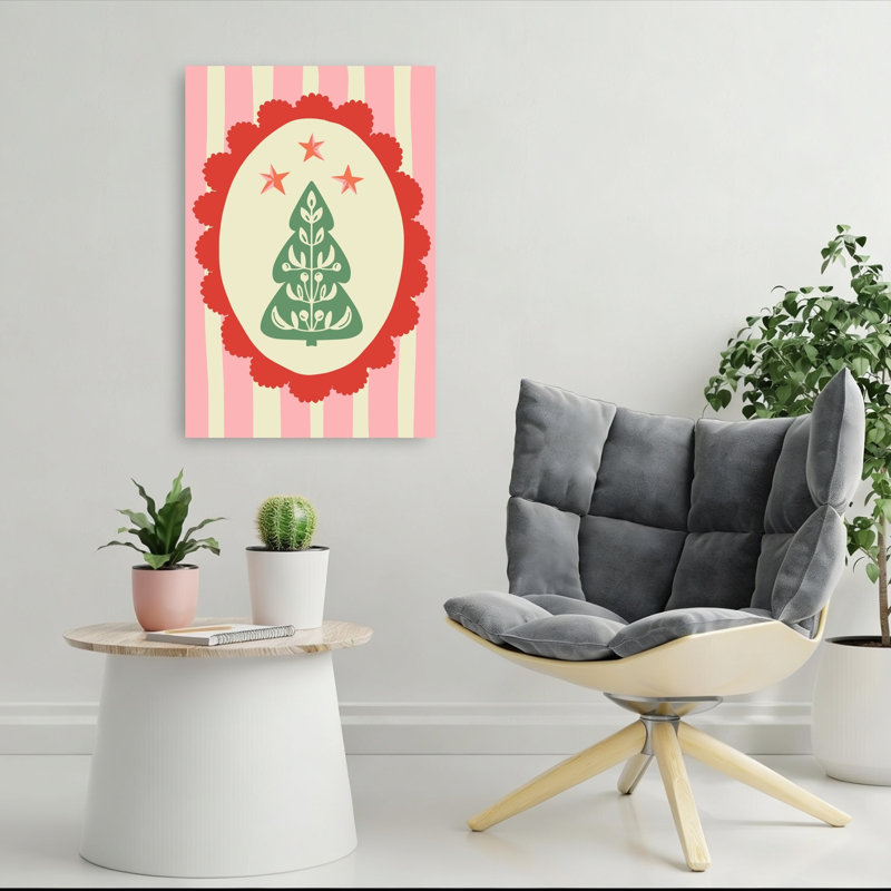 Festive Folk Christmas Tree Minimalist Whimsical Abstract Christmas Tree Winter Landscape Wall Art Print by Annick - Wrapped Canvas Print