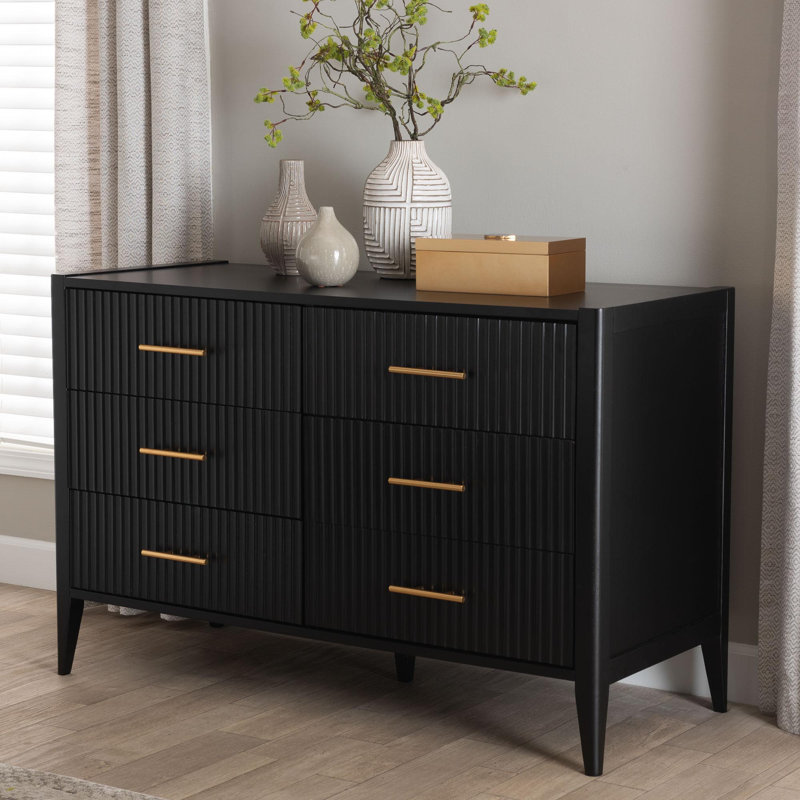 Wooley Mid-Century Fluted Wood 6-Drawer Dresser, Black