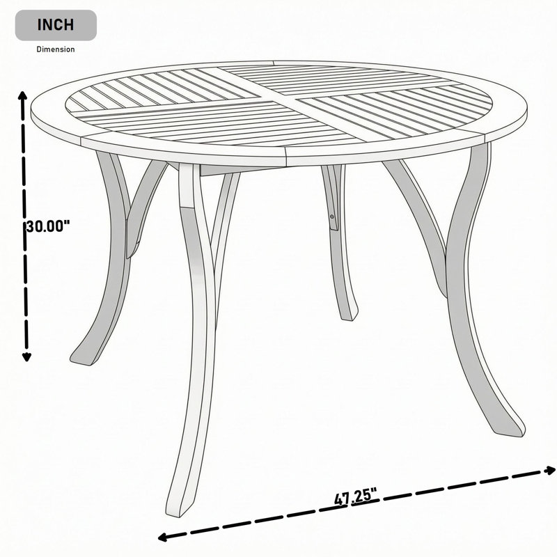 Table de salle à manger d'extérieur ronde en bois avec pieds courbés, Teck