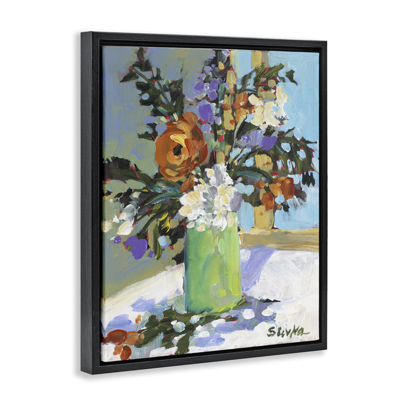 «Florals in Green Vase», art mural par JANE SLIVKA, H 31 po x l 25 po, Cadre flottant noir de jais