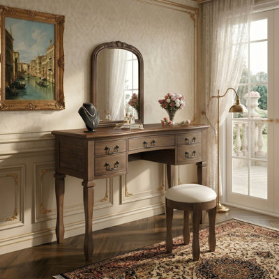 Coiffeuse à 5 tiroirs avec miroir et tabouret