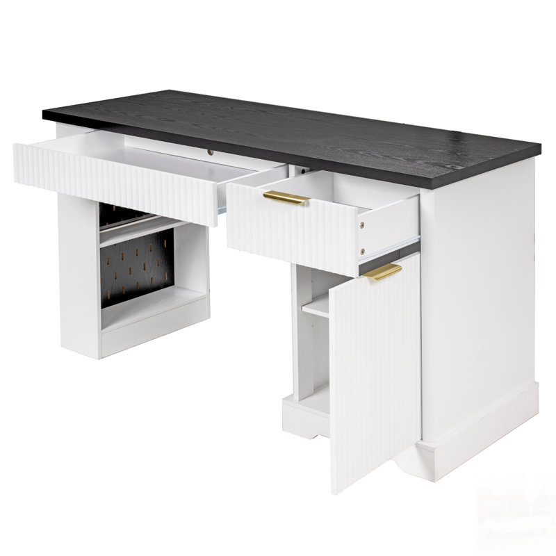 Bureau cannelé moderne avec rangement, prise de courant, panneau perforé, tablettes et plateau à clavier pour des espaces de travail à domicile efficaces