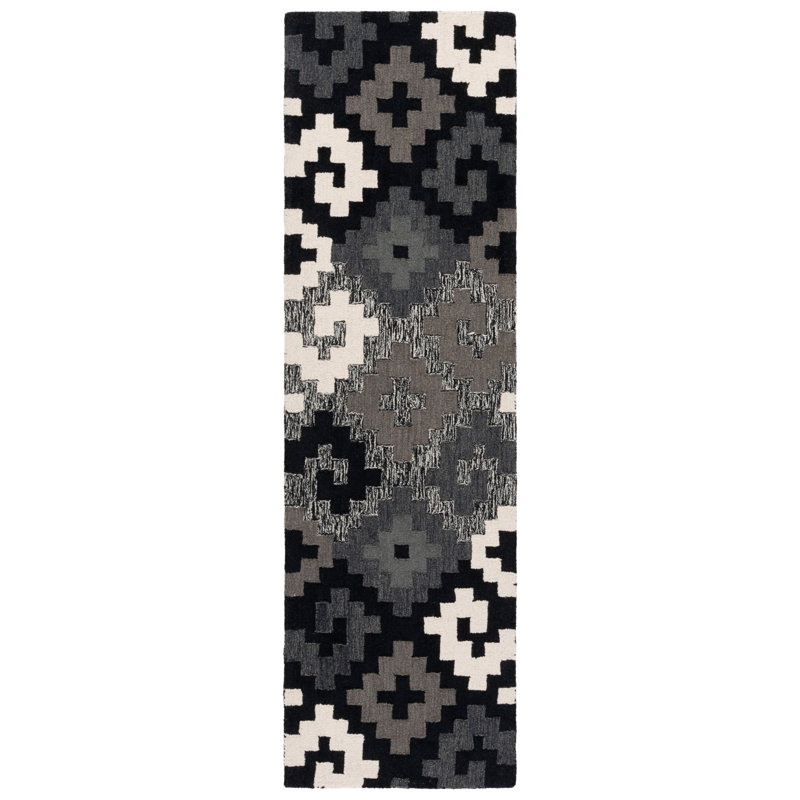 Lakeetha Hand Tufted Wool/Cotton Southwestern Rug in White/Gray/Black, Runner 2'3" x 8'