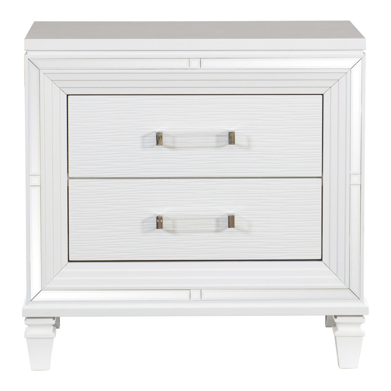 Élégante table de chevet avec 2 tiroirs et poignées barres en acrylique blanc argenté | Idée de cadeau