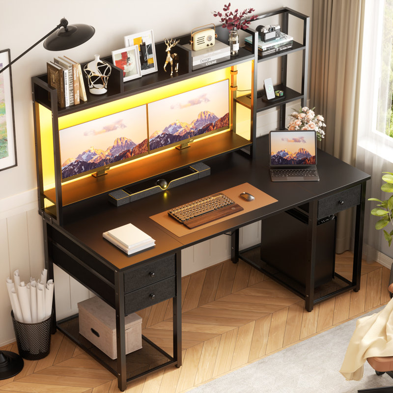 Mugdha Modular Iron Computer Desk with Built-In Electrical Outlet, 59" H x 55.2" W x 18.9" D, Black